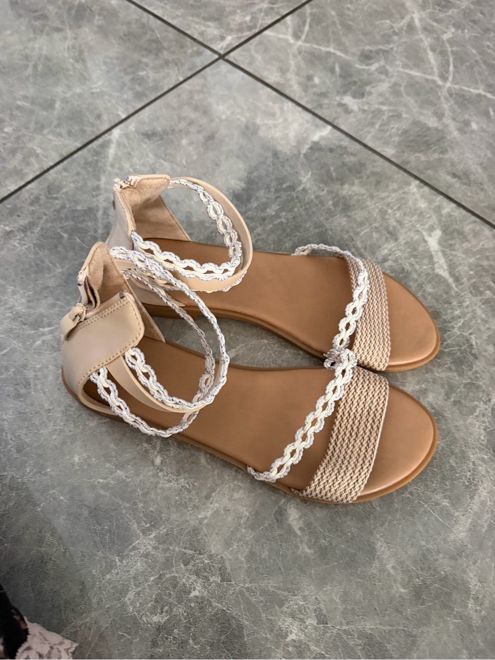 Womens Beige Braided Ankle-Strap Sandals